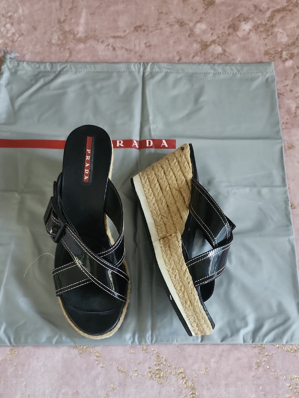 PRADA | Black Patent Leather Espadrille Wedge Sandals with Jute Platform - Picture 1 of 16